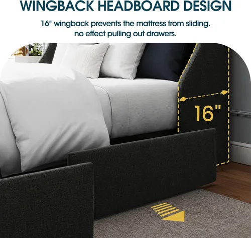 Vista 2 de WEEWAY Base de cama tapizada de tamaño matrimonial con 4 cajones de almacenamiento y cabecera con respaldo de ala, diseño capitoné, no necesita