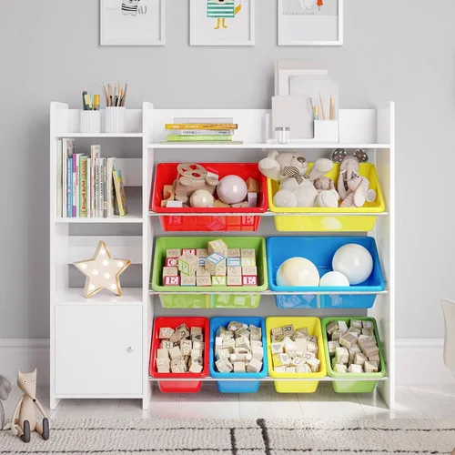 Vista 11 de Sturdis Organizador de almacenamiento de juguetes con estantería, estantería de organización de sala de juegos para niños con contenedores de Gris