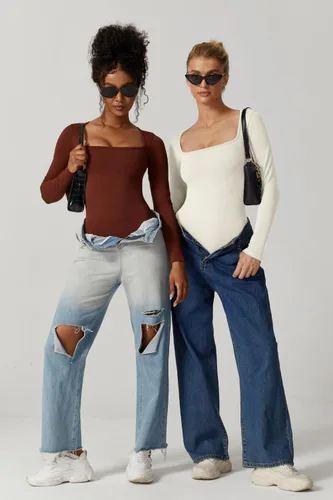 Vista 22 de Meyeeka Body sexy sin costuras para mujer con cuello cuadrado, manga larga