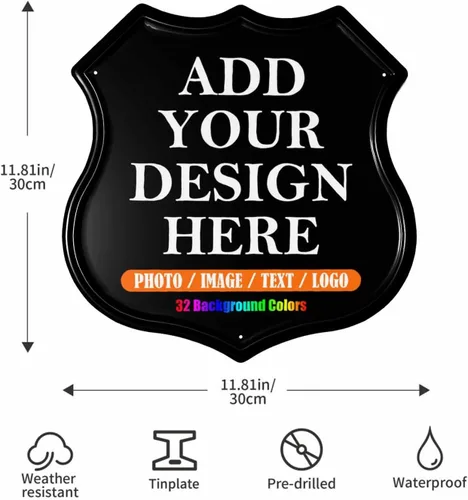 Vista 3 de HAOGEILI - Letreros de metal personalizados con forma de escudo, haz tu propio escudo personalizado con logotipo de texto fotográfico, letreros