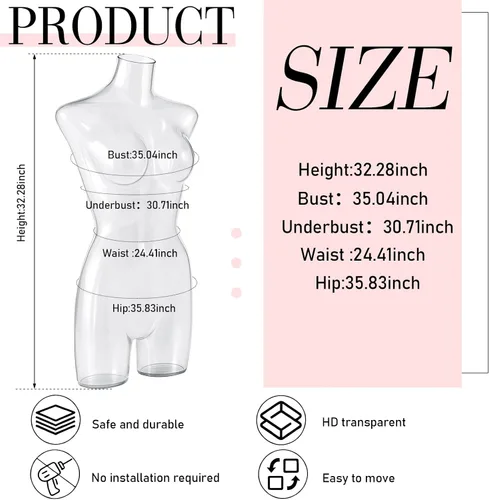 Vista 2 de Briwooody Maniquí de plástico redondo completo transparente para mujer, diseño de torso, forma de vestido transparente para ropa, ropa