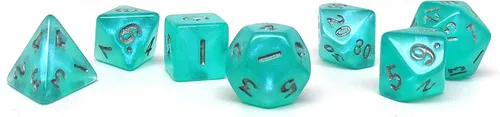 Vista 3 de Mini colección de dados poliédricos de 0.394 pulgadas - Incluye un D20, D12, D10, D8, D6, D4 y D00 (Aqua Shine)