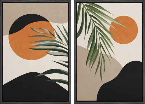 Vista 128 de IDEA4WALL Lienzo Enmarcado Impreso Arte de Pared Set Paisaje de Hojas de Palma de Selva de Mediados de Siglo Naturaleza Silvestre Ilustraciones Arte