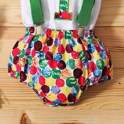 Vista 24 de IDOPIP Traje formal para bebé niño para el primer cumpleaños de Cake Smash con corbatín y tirantes y pantalones cortos para sesión de fotos