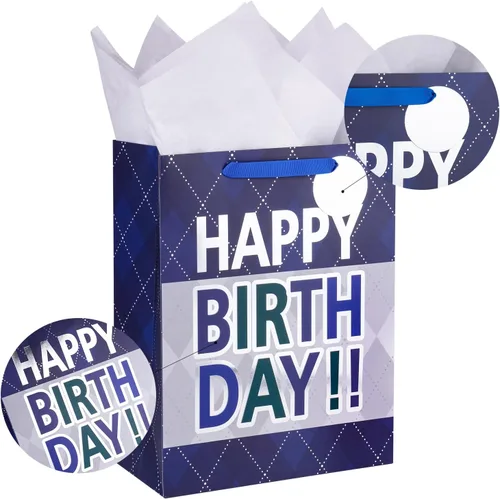 Vista 7 de Loveinside Bolsa de regalo a cuadros azul marino con texto en inglés «Happy Birthday» impresa, tamaño mediano con papel de seda, etiqueta, tarjeta