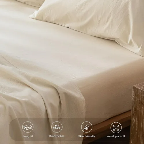 Vista 5 de MooMee Sábana bajera ajustable de solo 100% algodón lavado con textura parecida al lino, transpirable, duradera, suave, cómoda, bolsillo profundo