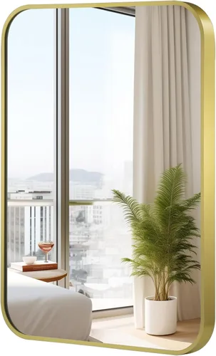 Vista 10 de Espejo de baño de níquel cepillado de 16 x 24 pulgadas, espejo rectangular enmarcado con esquina redondeada, espejo cepillado, espejo de baño