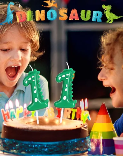 Vista 4 de Velas de primer cumpleaños, vela número 1, decoraciones de fiesta de dinosaurios para cumpleaños, vela verde de feliz cumpleaños para pastel, vela
