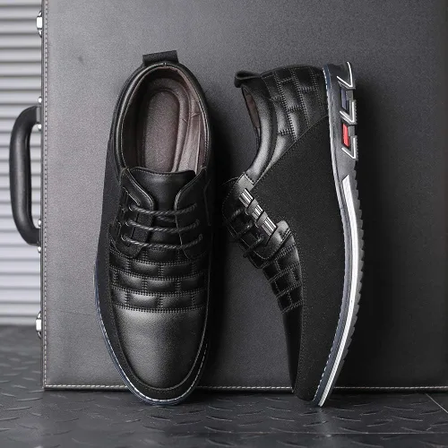 Vista 2 de Zapatos de vestir para hombre, casuales, de negocios, Oxford, Derby, zapatos de cuero ortopédicos, mocasines simples con cordones, zapatos planos