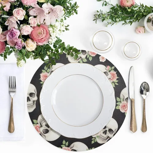 Vista 5 de Watercolor Skulls Vibrant Pink Table Placemat, Washable Heat Resistant Mats for Kitchen one sizex4