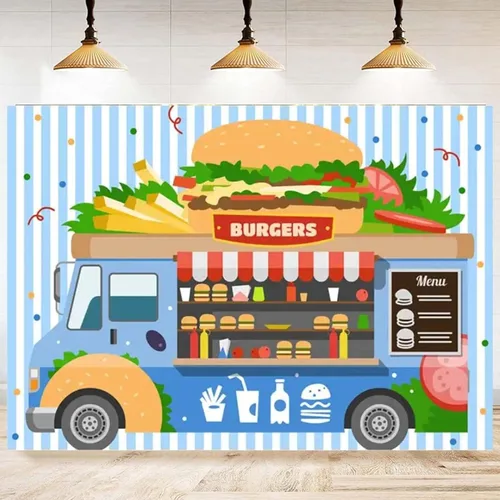 Vista 6 de Fondo de hamburguesa para camión de comida rápida, postre de tienda, hamburguesas, papas fritas, bebidas, fotografía, telón de fondo para niños