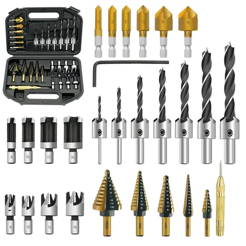 Vista 7 de Juego de Brocas Avellanadas GMTOOLS, 3 Piezas de Brocas Cónicas M2 HSS, con Vástago Hexagonal de 1/4" de Cambio Rápido y Llave Allen, Juego