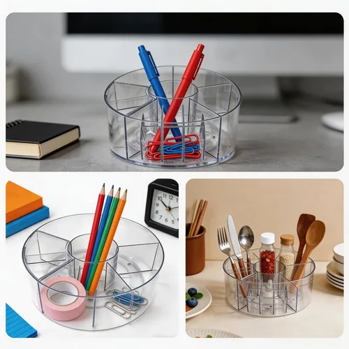 Vista 6 de Organizador de maquillaje acrílico giratorio de 360°, soporte para brochas de maquillaje transparente y soporte para bolígrafos, organizador