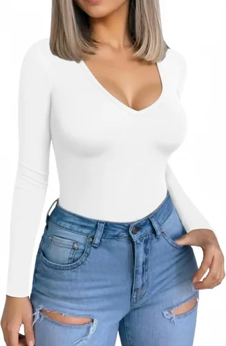 Vista 2 de MANGOPOP Camiseta de manga larga con cuello en V para mujer, ajustada, camiseta tipo túnica