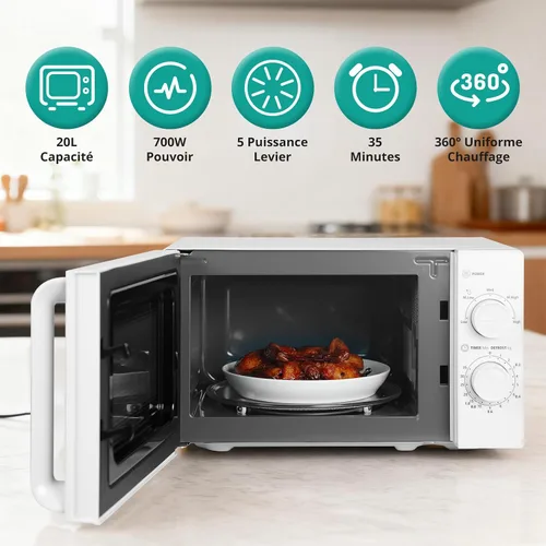 Vista 6 de SMETA 20L Microwave, Microwave, No Grill, Coating, 700W Power, 5 Levels, 35 Minute Timer, Time Defrost Mode, White Finish