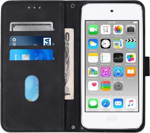 Vista 5 de LEMAXELERS Funda tipo cartera para iPod Touch 5, iPod Touch 7 con tapa magnética de piel sintética con tarjetero y función atril, protección a