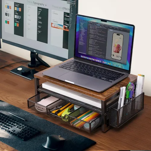 Vista 4 de ARCOBIS Elevador de monitor con cajones y soportes para bolígrafos, soporte para monitor de computadora de metal de madera y malla