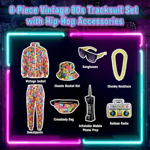 Vista 2 de Traje retro de los años 80 y 90 para hombre, 8 piezas, disfraz vintage de Halloween de los 80 para hombre, conjunto deportivo con accesorios