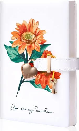 Vista 13 de Diario infantil de cuero sintético con candado y llave, agenda de viaje, agenda, cuaderno secreto de notas para mujer, 5.3 x 8.4 pulgadas, girasol