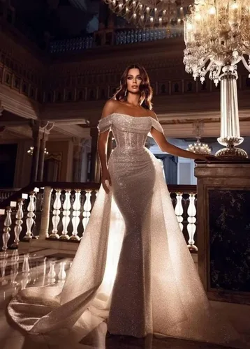 Vista 3 de Vestidos de fiesta de sirena ajustados brillantes para mujer, lentejuelas con tren desmontable, hombros descubiertos, vestidos largos formales