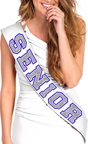 Vista 3 de RhinestoneSash Senior 2025 - Fajas de graduación de satén de grado premium azul real - Suministros para fiestas de secundaria