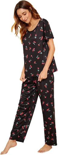 Vista 3 de Floerns Conjunto de pijama de dos piezas con estampado de dibujos animados para mujer con pantalones largos