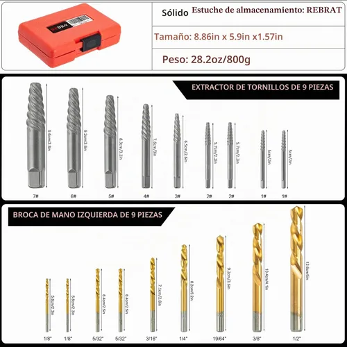 Vista 2 de Juego de extractor de tornillos, broca de mano izquierda de acero Cr-Mo 37# y acero HSS 6542 cobalto, herramienta de extracción reversa de pernos