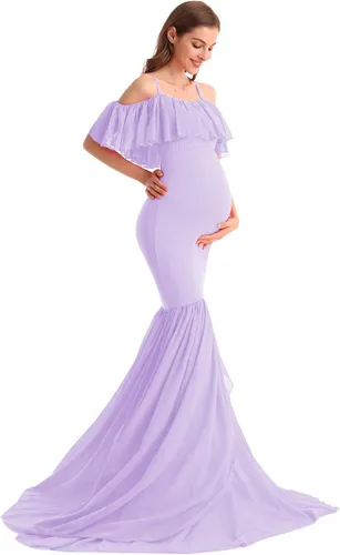 Vista 29 de MYRISAM Vestido de maternidad con volantes y hombros descubiertos para mujer, vestido de fiesta de sirena de gasa, vestido ajustado