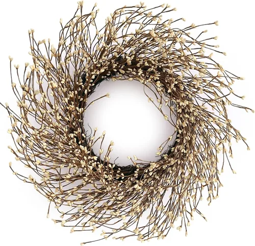 Vista 32 de Corona de otoño para puerta delantera, 24 pulgadas, hojas anchas rojas artificiales Baya Borgoña