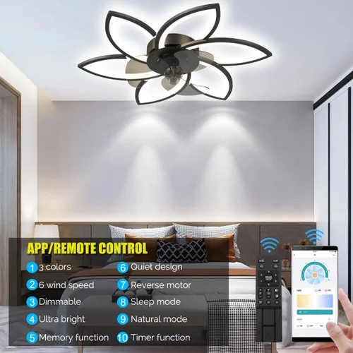 Vista 6 de Ventilador de techo de 30 pulgadas con control remoto de luces, moderno ventilador de techo de perfil bajo con luces, ventiladores de techo 30" negro