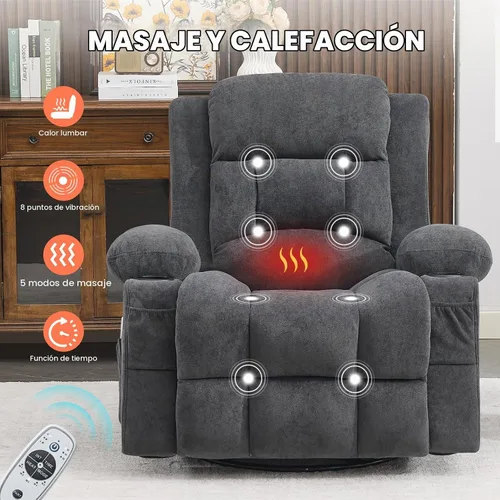 Vista 3 de Silla reclinable giratoria de masaje, reclinable ergonómico con masaje por vibración y calor, mecedora para sala de estar, sala de estar, sala