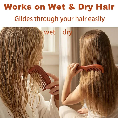 Vista 5 de Juego de 2 peines de madera de sándalo con dientes anchos y finos, peine de madera para mujeres y hombres, peine de madera antiestático para cabello