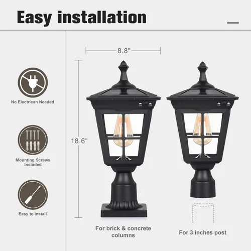 Vista 3 de Lámpara solar para poste de luz, aluminio fundido, impermeable, luces LED de pilar con vidrio para exteriores, del atardecer al amanecer, luz solar