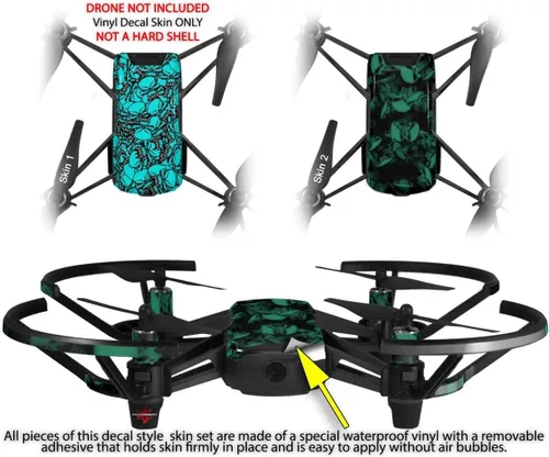 Vista 2 de Skin Wrap 2 Pack para DJI Ryze Tello Drone dispersos calaveras neón verde azulado Drone No Incluidas