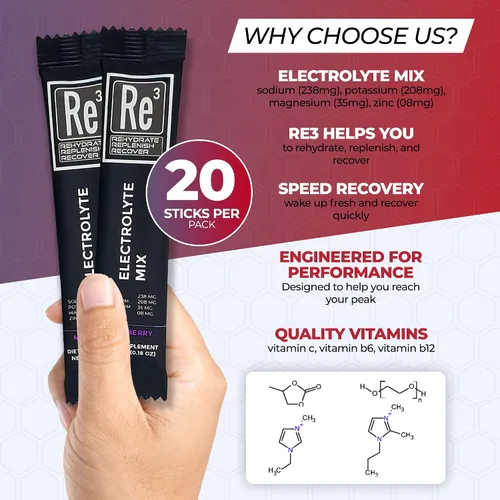 Vista 2 de Re3 - Rehydrate - Replenish - Recover Paquetes de electrolitos en polvo. Sin azúcar, 7 cal, 1.4 carbohidratos. La mejor mezcla de vitaminas