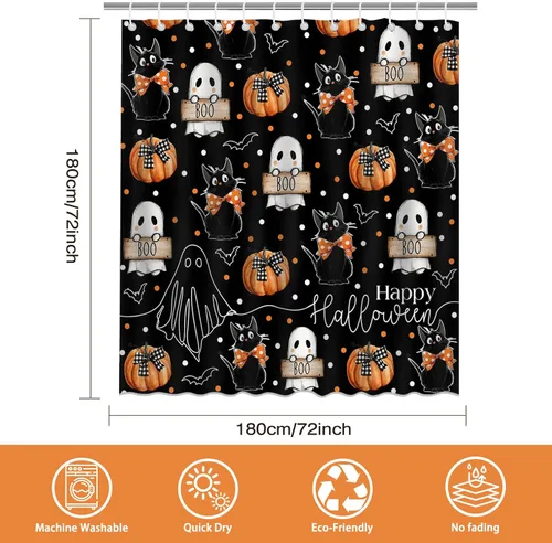 Vista 3 de Mocsicka Cortina de ducha de Halloween con dibujos animados, fantasma, lindo gato negro, calabaza, cortina de ducha de baño, cortina de ducha