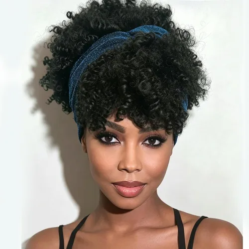 Vista 15 de Aisaide Peluca de Diadema Afro Rizada Crespa, Pelucas Afro Negras Cortas para Mujeres Negras, Peluca Sintética Rizada Crespa con Diadema y Flequillo