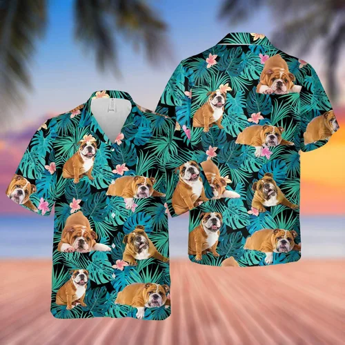 Vista 4 de LEVENTINO Camisa hawaiana de verano de Bulldog Inglés, camisa de manga corta con botones para verano, amante de los perros DG124h19, Multi, XXL