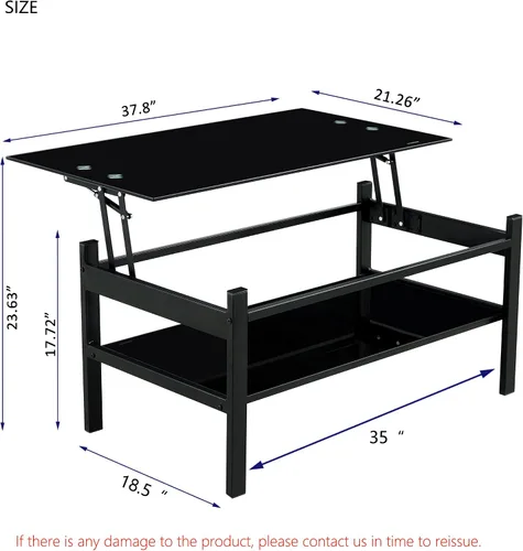Vista 2 de Mesa de centro elevable con almacenamiento, mesas de centro modernas de vidrio negro para sala de estar, 37.8 pulgadas rectangular de vidrio