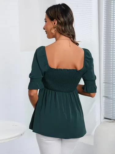 Vista 2 de WDIRARA Blusa de maternidad de manga corta con volantes y dobladillo fruncido para mujer