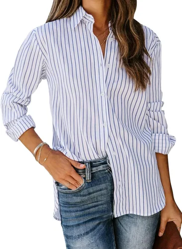 Vista 17 de Siliteelon - Camisas de botones para mujer, camisa de vestir a rayas de algodón, de manga larga, cuello con solapa, para oficina y trabajo