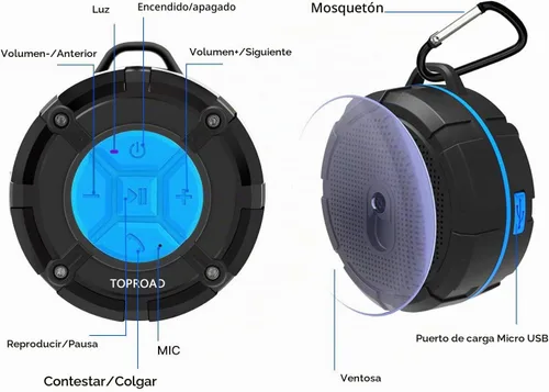 Vista 2 de TOPROAD - Altavoz Bluetooth impermeable, altavoces de ducha IPX7, pequeño altavoz portátil con clip y 2 ventosas, micrófono integrado, altavoz manos