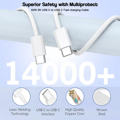 Vista 6 de Bloque de carga USB C de 65 W, paquete de 2 bloques de carga rápida de 6 puertos con cable tejido tipo C a tipo C de 6 pies de largo, enchufe