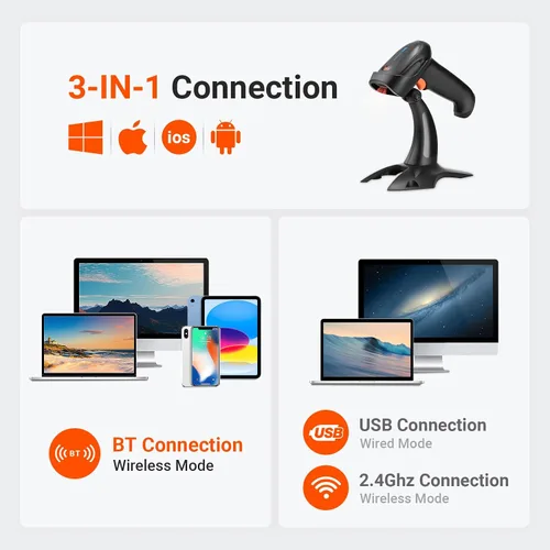Vista 5 de Tera Escáner de código de barras inalámbrico 1D 2D QR con soporte: indicador de nivel de batería 3 en 1 funciona con Bluetooth 2.4G inalámbrico USB