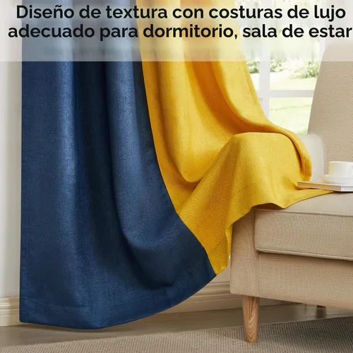 Vista 4 de PRIMROSE Cortinas de lino azul marino amarillo de 63 pulgadas de largo para sala de estar, juego de 2 paneles opacos con aislamiento térmico
