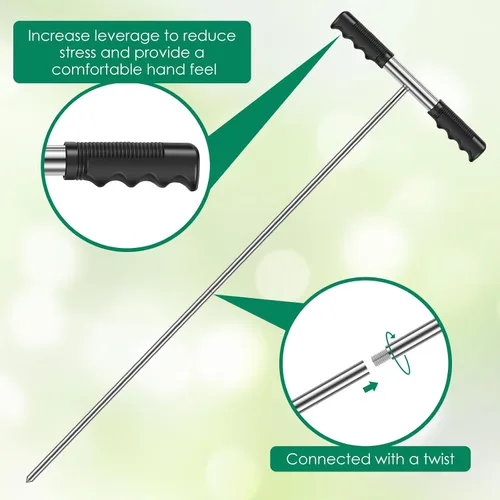 Vista 3 de Varilla de sonda de suelo de acero inoxidable, herramienta de varilla de tierra ajustable de 32 a 48 pulgadas de altura con mango en T, varilla