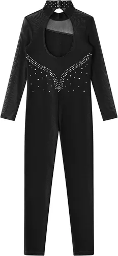 Vista 4 de Enterizo de manga larga con diamantes de imitación para niñas y niñas, overol de leotardo para ballet y gimnasia