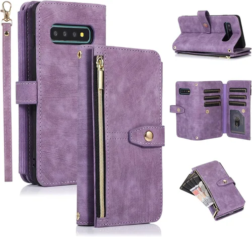 Vista 20 de UEEBAI Funda tipo cartera para Samsung Galaxy S9 Plus, Retro 9 ranuras para tarjetero con cremallera, bolsillo de piel sintética, cierre magnético