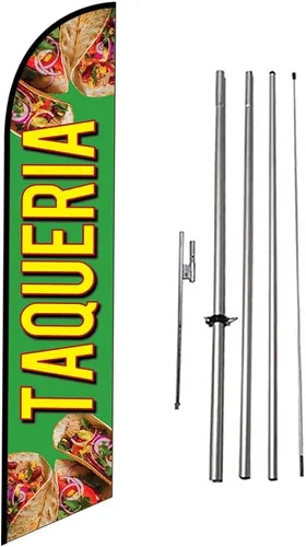 Vista 25 de Fresh Birria - Letrero de plumas publicitarias para restaurante mexicano con kit de poste de 15 pies y estaca para el suelo, tema negro/rojo/blanco