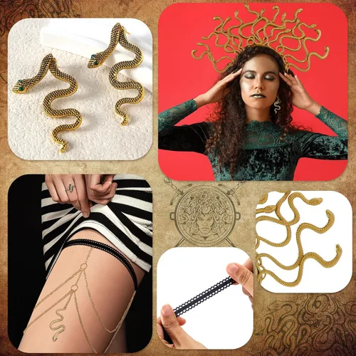 Vista 4 de Chicingyou Juego de 10 disfraces de Halloween de Medusa, accesorios de joyería de serpiente dorada para mujer, con capa larga con capucha, capa